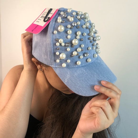 Betsey Johnson Accessories - Pearl Power Denim Baseball Hat